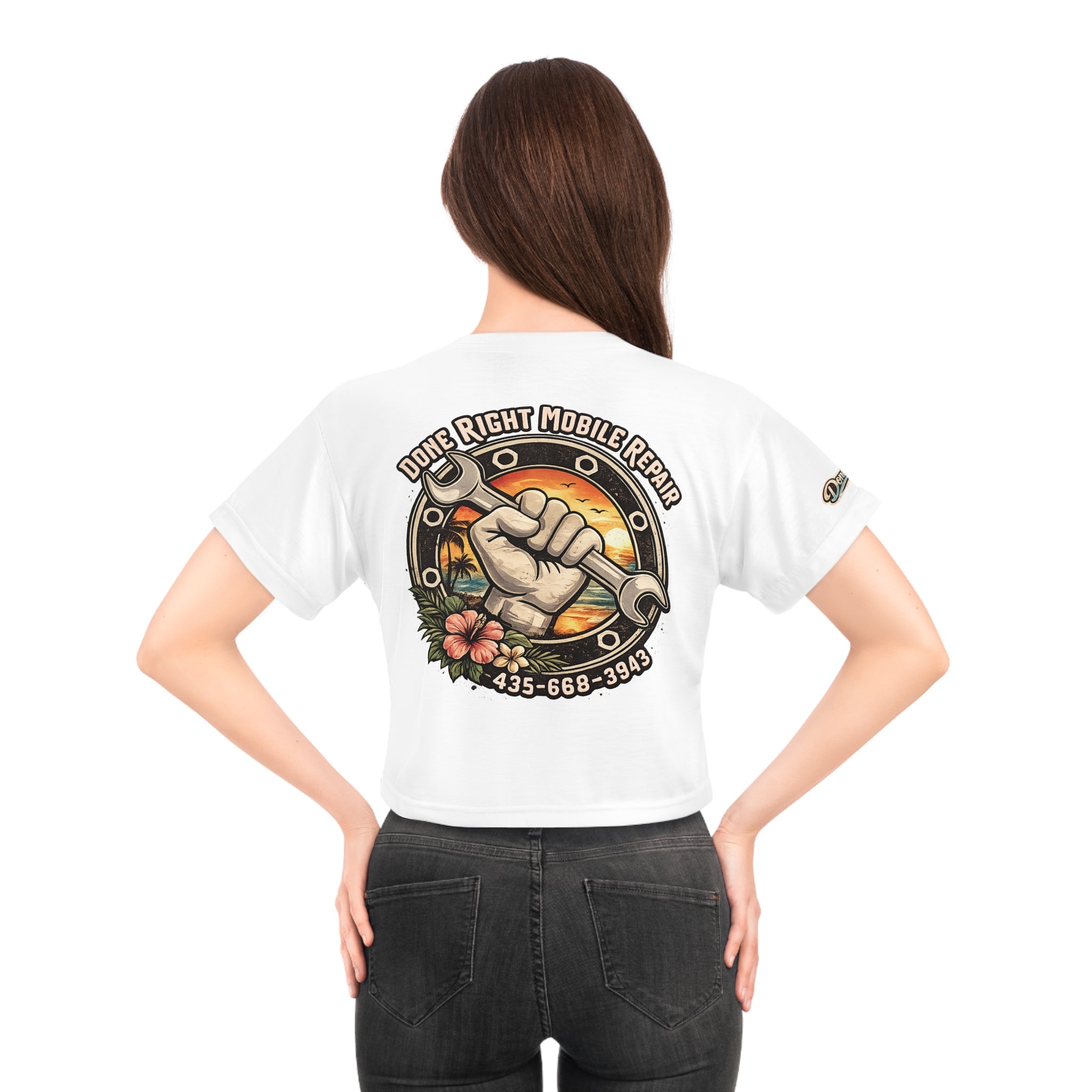 Done Right Mobile Repair Crop Tee — Retro Wrench Logo Phone Repair Tee
