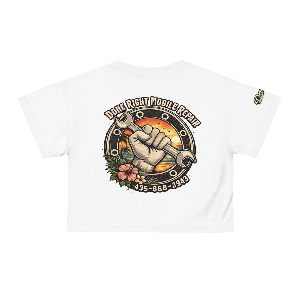 Done Right Mobile Repair Crop Tee — Retro Wrench Logo Phone Repair Tee