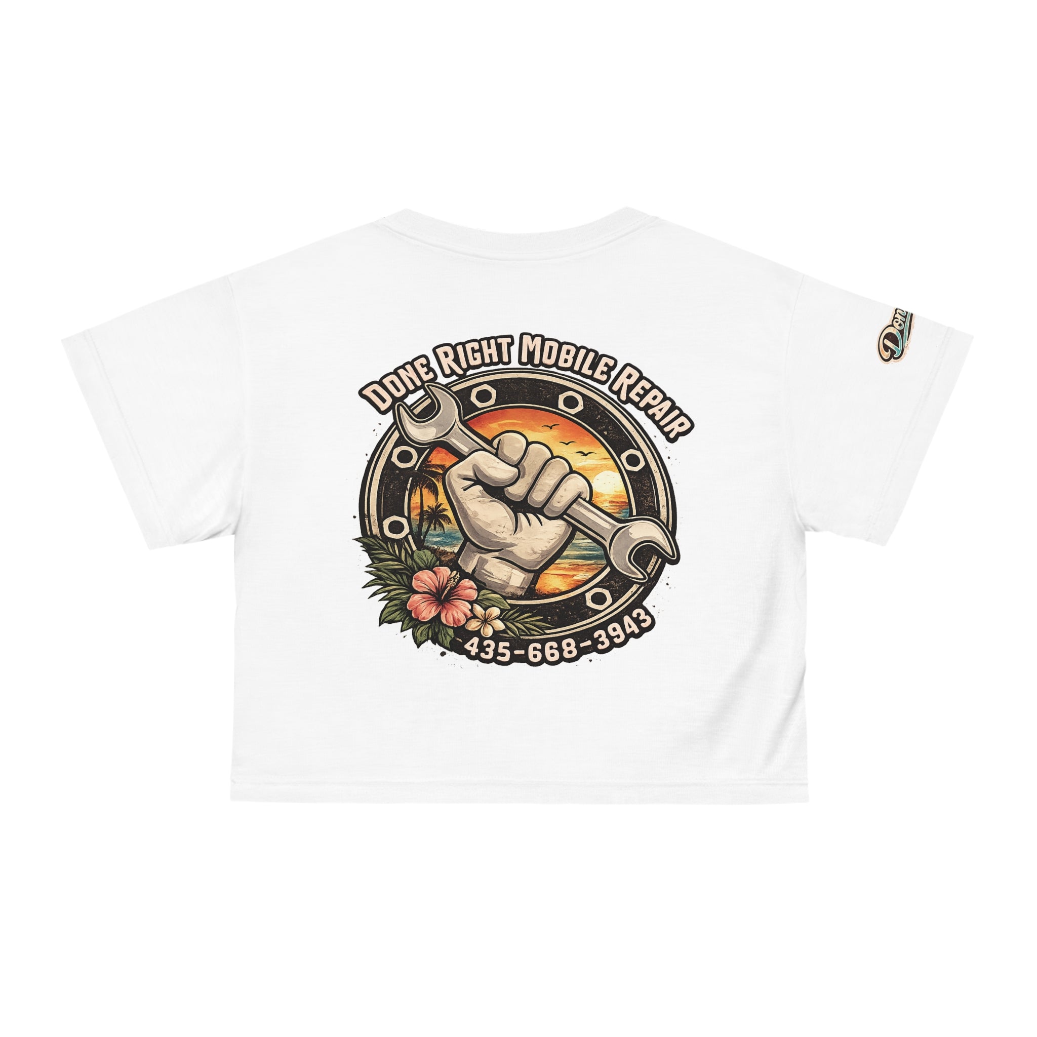 Done Right Mobile Repair Crop Tee — Retro Wrench Logo Phone Repair Tee